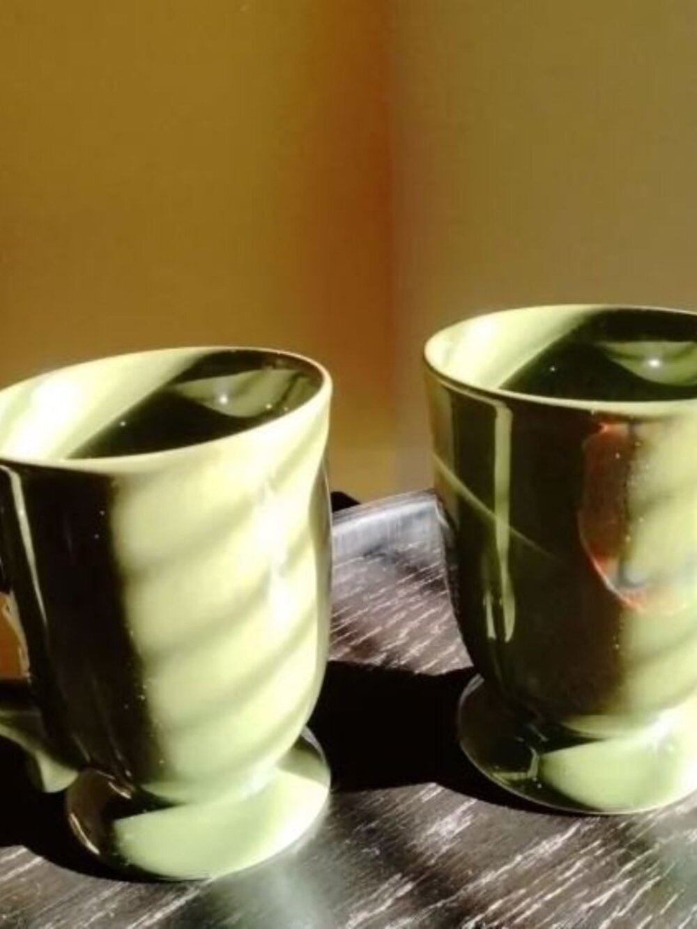 Two Vintage Green Gibson Pedestal Mugs